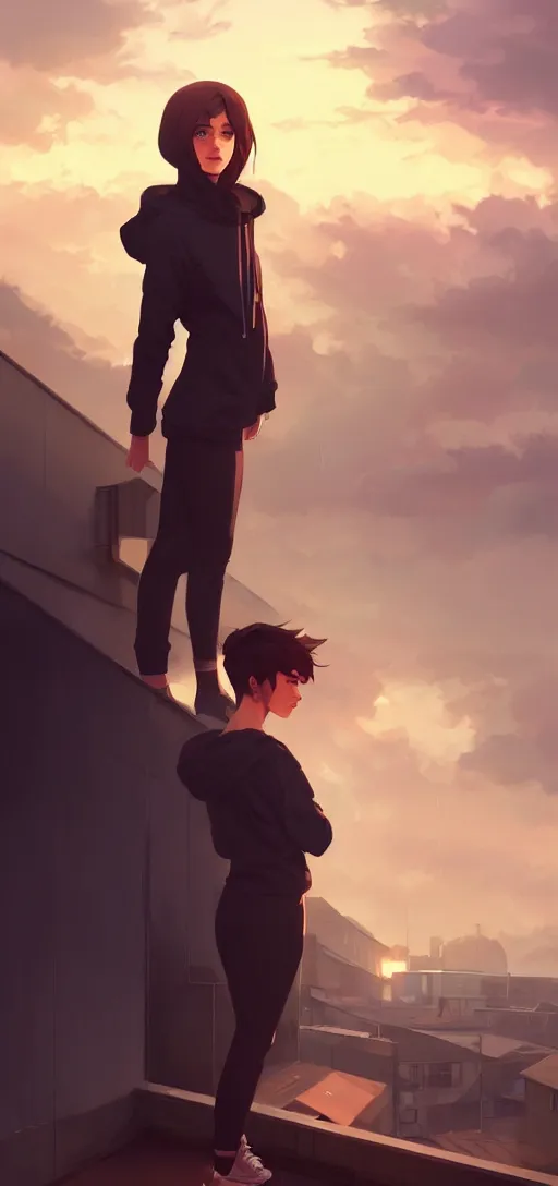 Prompt: a beautiful british woman with short brown hair, gentle, somber amber eyes, standing on a rooftop, storm in the distance, oversized hoodie that goes down to the knees, digital art by makoto shinkai ilya kuvshinov and wojtek fus, digital art, concept art,