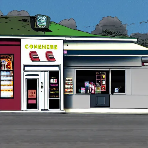 Image similar to the outside of a convenience store located on an asteroid in space