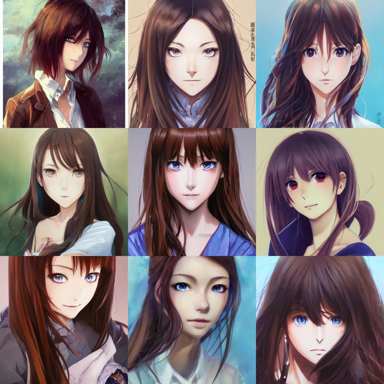 Prompt: An anime portrait of a woman with straight brown hair, a part in her hair, with bright blue eyes, and large eyebrows, without glasses, medium shot portrait, by Stanley Artgerm Lau, WLOP, Rossdraws, James Jean, Andrei Riabovitchev, Marc Simonetti, and Sakimi chan, trending on artstation