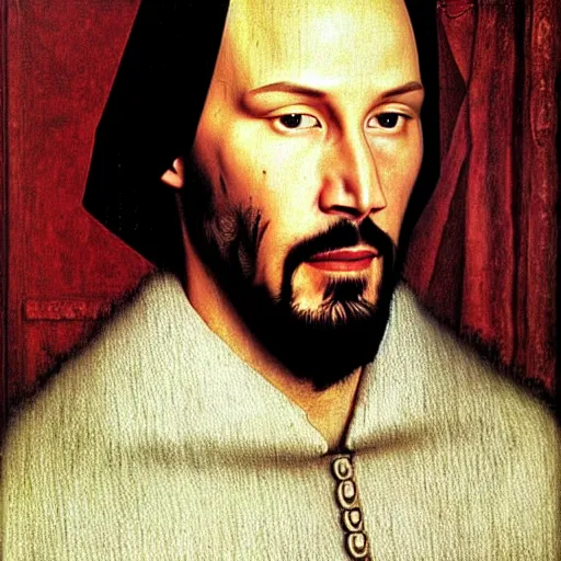 Image similar to portrait of keanu reeves, oil painting by jan van eyck, northern renaissance art, oil on canvas, wet - on - wet technique, realistic, expressive emotions, intricate textures, illusionistic detail