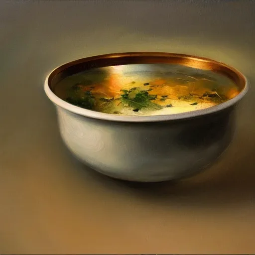 Image similar to a robotic soup bowl, oil painting, pale colors, high detail, 8 k, wide angle, trending on artstation,