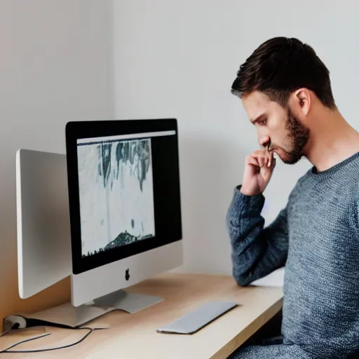 Image similar to a man, alone in his bedroom, staring at his imac