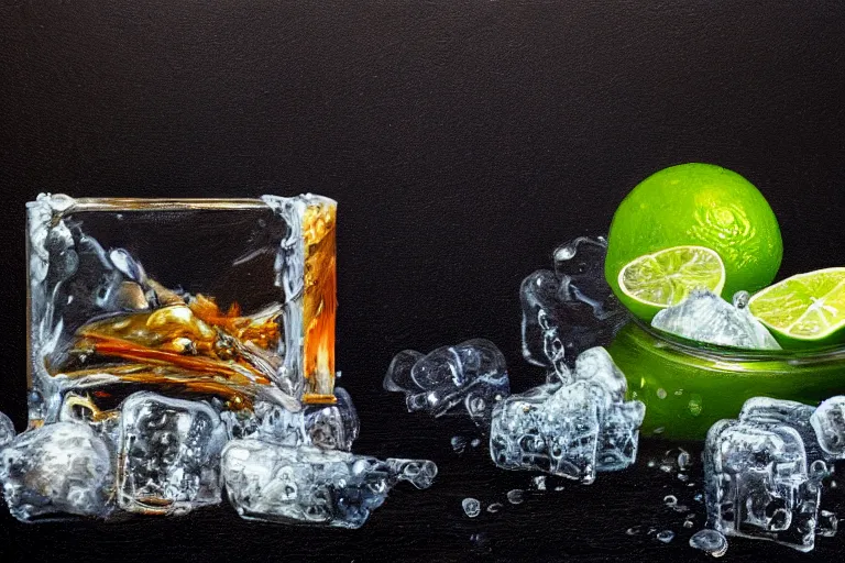 Prompt: award winning oil painting portrait of an ice cube starting to melt in the forefront surrounded by a lime wedge, an empty bottle of tequila and fallen salt shaker. black background