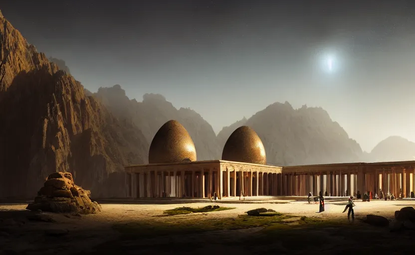 Image similar to exterior shot of utopian ancient persian temple hill with cinematic lighting by peter zumthor and renzo piano, darek zabrocki and greg ruthkowski, simon stalenhag, cinematic, holy place, paradise, scifi, futurism, atmospheric, concept art, artstation, trending on artstation