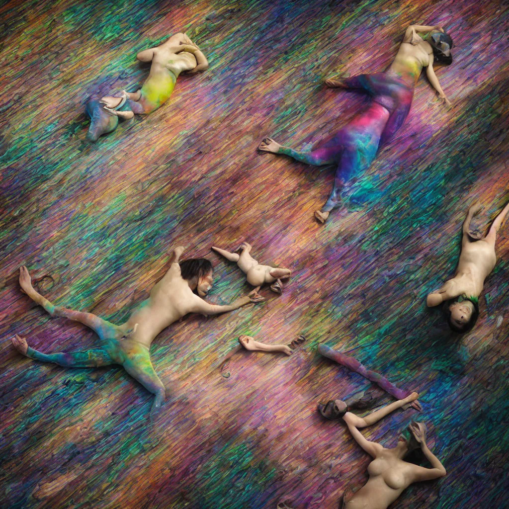Image similar to overhead view of iridiscent oil slick and weird machines in wax with a woman's corpses with transparent pipes to a baby buried relaxing on yoga mat, faded, multicolored gradient, fog, smoke, depth of field, ultra realistic, very detailed, glitch, by nadav kander, matthew barney, 8 k hyper realistic detailed cinematic