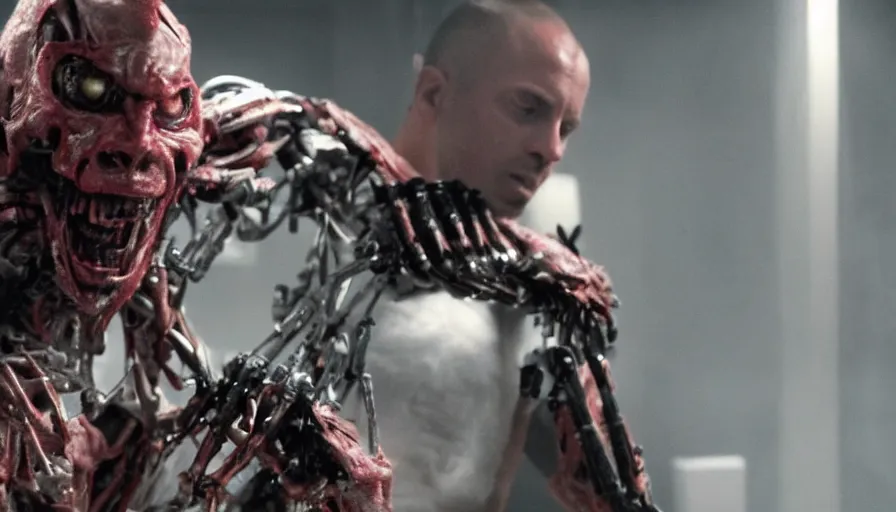 Prompt: Big budget movie about descarte's evil demon ripping out a cyborg's spine