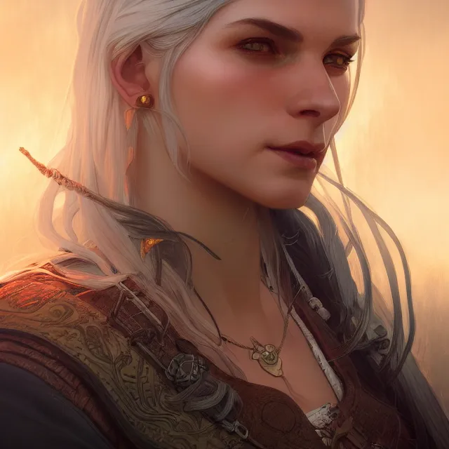 Image similar to close up portrait of a beautiful female witcher, artistic, magical mountain background with light rays, fantasy atmosphere. art by artgerm, greg rutkowski and alphonse mucha, highly detailed, intricate, lifelike. sci - fi, fantasy, magical, octane render,