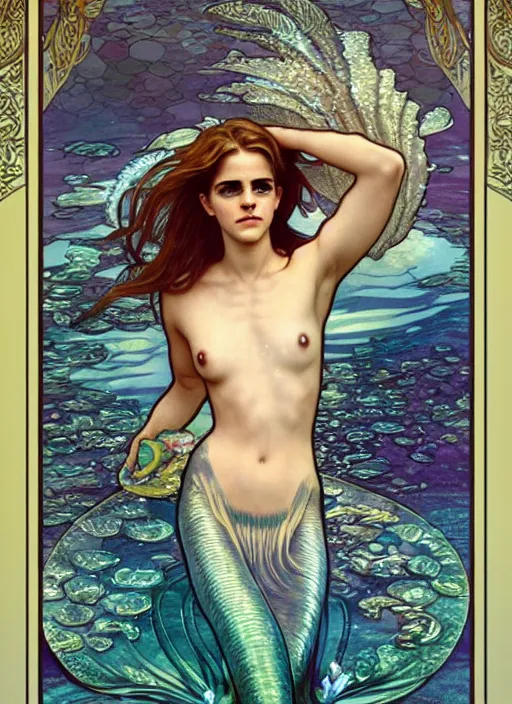 Prompt: Emma Watson as mermaid underwater, full body shot, cute, fantasy, intricate, elegant, highly detailed, digital painting, 4k, HDR, concept art, smooth, sharp focus, illustration, art by alphonse mucha,artgerm, H R Giger