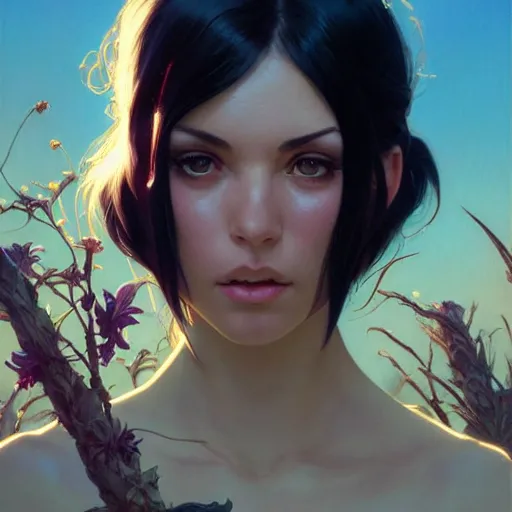 Image similar to highly detailed vfx portrait of nico robin, greg rutkowski, loish, rhads, beeple, makoto shinkai, tom bagshaw, alphonse mucha, sharp focus, art by artgerm and greg rutkowski, stanley kubrick, backlit, harsh overhead sunlight, blue eyes,