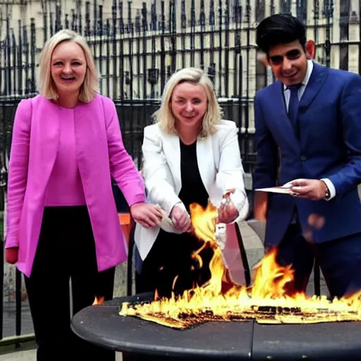 Image similar to Liz truss and Rishi sunak at parliament burning piles of money. Daily Telegraph.