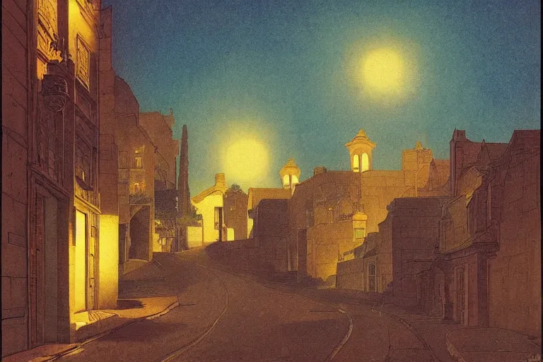 Image similar to winding street at midnight in a very old very beautiful city by George Price Boyce and Maxfield Parrish, glowing paper lanterns, strong dramatic cinematic lighting , ornate tiled architecture, lost civilizations, smooth, sharp focus, extremely detailed