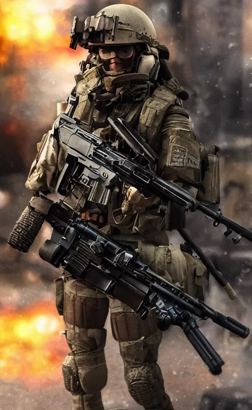 Image similar to an escalating violent firefight, highly detailed, high resolution, action figure, collection product, stunning, girls frontline style, bokeh soft, 100mm, trending on instagram, by professional photographer, realistic human anatomy, realistic military carrier, modern warfare, realistic weapon, shot with a arriflex 35 ii, low saturation