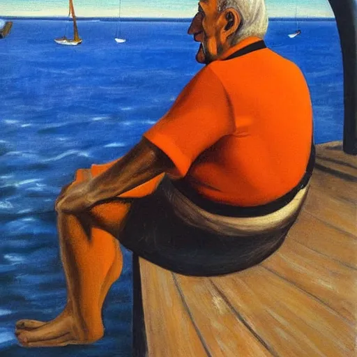 Prompt: painting by salvador dali of a senior caucasian man wearing an orange and black tshirt with white sleaves, sitting on a deck with his back turned near the harbor, boats and water. it i a beautiful summer day