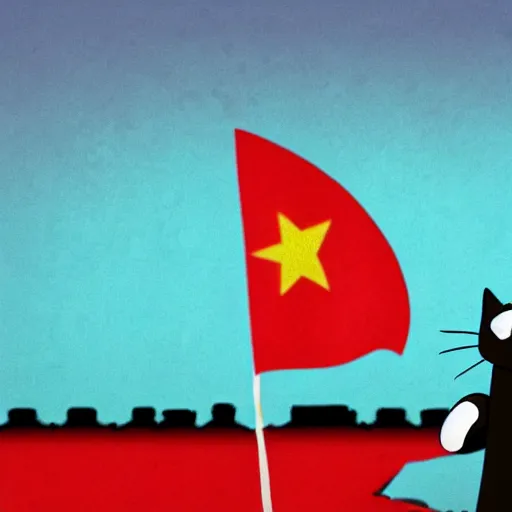 Image similar to a cat clenching his fist in front of the communist flag staring at the horizon