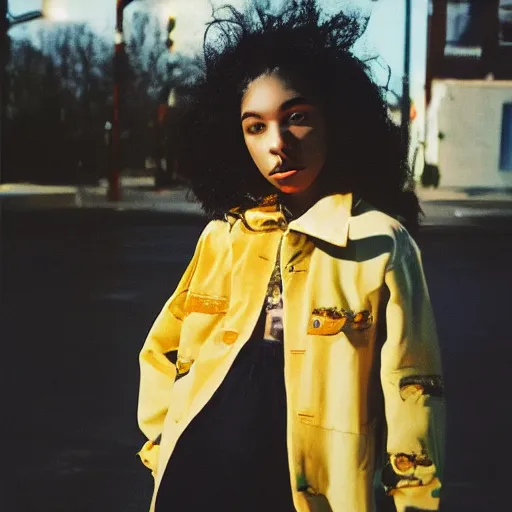 Image similar to realistic! photoshoot for a new vetements lookbook, color film photography, portrait of a beautiful woman, in style of tyler mitchell, 35mm