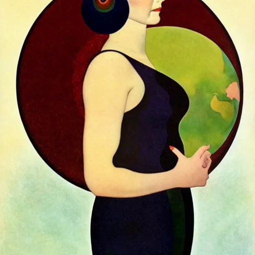 Image similar to Art in the style of Coles Phillips, Gaia, Full figured Mother Earth, portrait, Herbert Bayer, Kandinsky