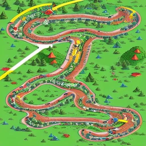 Prompt: top down view of Nintendo Mario kart custom racing racetrack map. Grassy mountain hiking trail themed custom dirt path trail map.