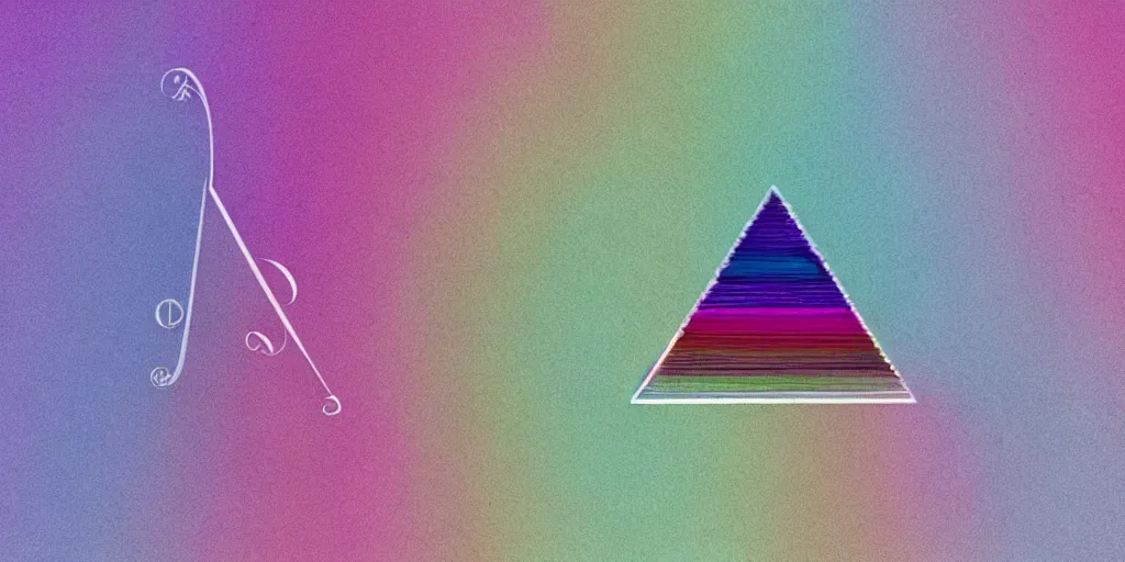 Prompt: a treble clef staff of complex musical notes and orchestral notation flowing from a glass pyramid prism, pastel faded grey rainbow, pink and grey muted colors, faded grey muted wash of distant pastel colors, in the style of Pink Floyd Dark Side of the Moon