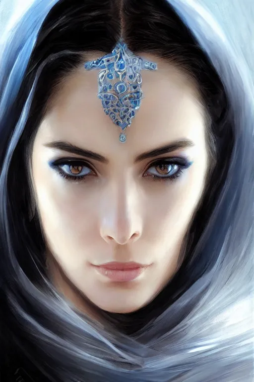 Image similar to Ameera al-Taweel, blue eyes, long wavy black hair, fierce look, white veil, closeup, focus face, elegant, highly detailed, centered, digital painting, artstation, concept art, art by artgerm and donato giancola and Joseph Christian Leyendecker, Ross Tran, WLOP