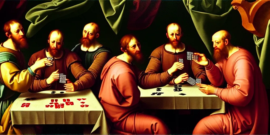 Image similar to Renaissance painting of four men playing cards with fish, hyper detailed, UHD, 8K