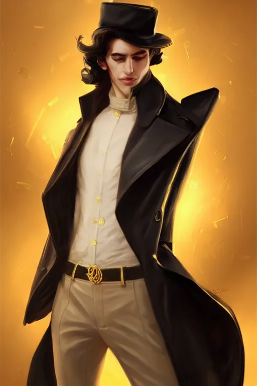 Prompt: Millionaire human male, full body gold trench coat, aristocrat, character concept art, costume design, red eyes, long black hair, laurel wreath, trending on artstation, Artgerm, WLOP