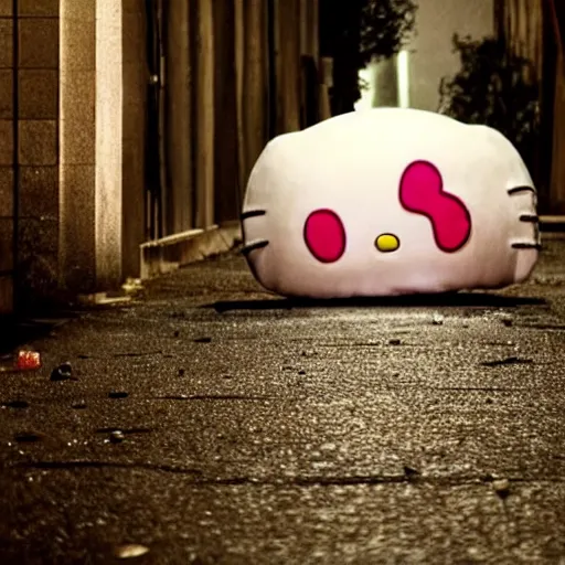 Image similar to film still of a monstrous creature shaped like a hello kitty crawling on an empty street beneath a lamp, grainy, horror movie, creepy, eerie, dark, great cinematography, amazing lighting, old, found footage, grainy, directed by scott derrickson