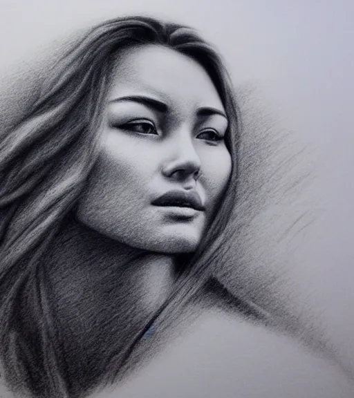 Image similar to amazing blend effect of beautiful mountain scenery with a beautiful woman face, charcoal drawing, hyper - realistic, in the style of matteo pasqualin, amazing detail, black and white