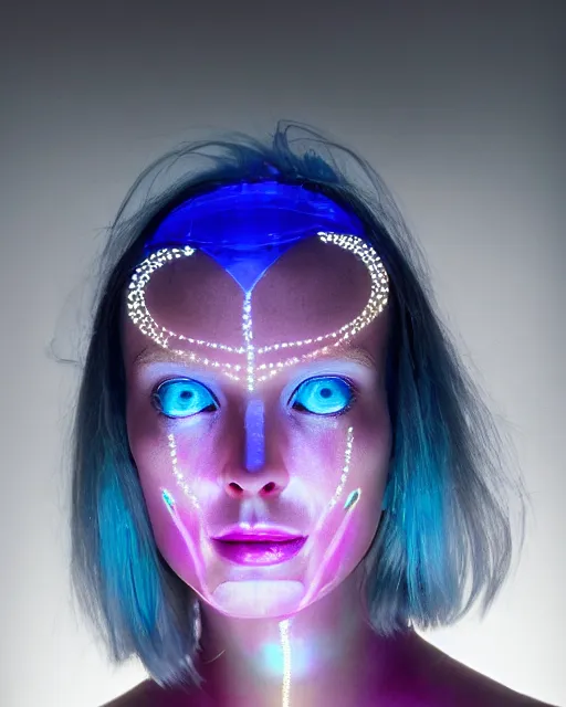 Image similar to natural light, soft focus portrait of an android with soft synthetic pink skin, blue bioluminescent plastics, smooth shiny metal, elaborate electronic jewellery, leds, piercings, face tattoo, skin textures, by annie liebovotz, paul lehr,