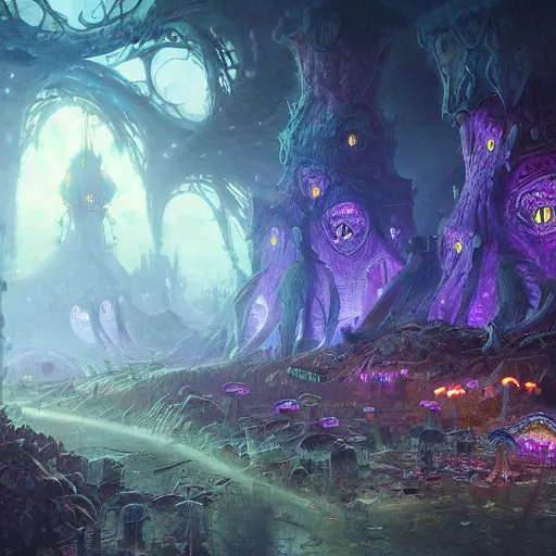 Image similar to concept art detailed painting of a dark purple fantasy fairytale fungal town made of mushrooms, with glowing blue lights, in the style of jordan grimmer and neil blevins and wayne barlowe