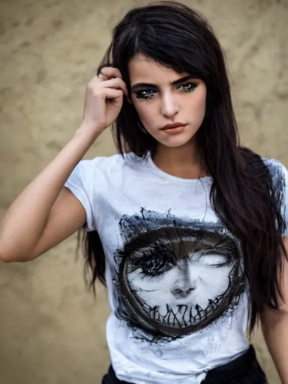 Image similar to hyperdetailed photo of a beautiful italian girl, brown eyes, dark hair, black makeup, skin, winds of winter, with ripped crop t - shirt with a logo, fine - face, pretty face