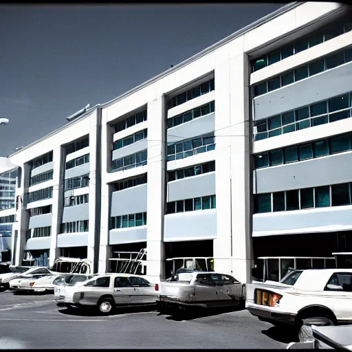Prompt: parking lot beside four storey office building high dynamic range kodakchrome old - school - cool