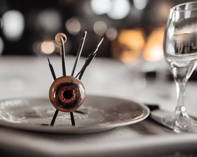 Prompt: 8 5 mm food photography of a eyeball skewers at a restaurant with dof and bokeh and wine glasses out of focus in the background. highly detailed 8 k. intricate. lifelike. soft diffused light. nikon d 8 5 0.