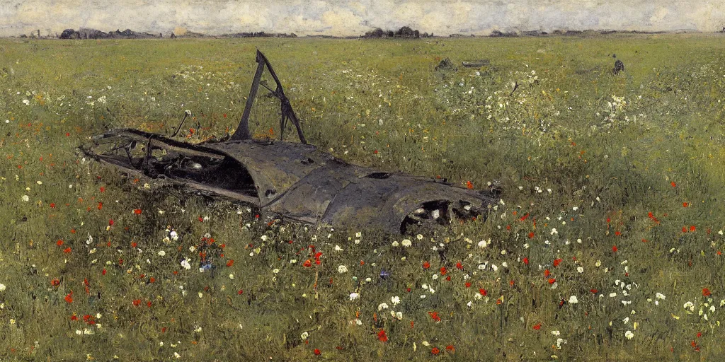 Prompt: smoking wreckage of a crashed spaceship in a field of wildflowers, low angle, wide angle, close-up, very detailed, by Jules Bastien-Lepage, Kazimir Malevich