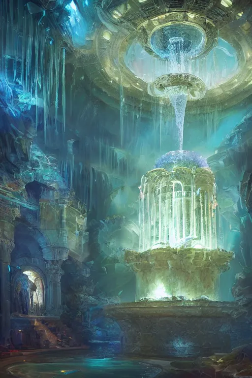 Image similar to inside of an atlantis palace, bioluminescent light, fountain, crystals, intricate, elegant, volumetric lighting, digital painting, highly detailed, artstation, sharp focus, illustration, concept art, ruan jia, steve mccurry