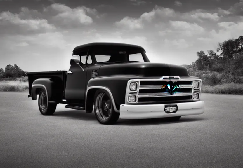 Prompt: chevy truck advertisement car photography dramatic black background