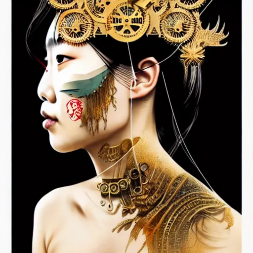 Image similar to portrait and side profile of a chinese woman :: side profile :: in ocean :: clockwork details :: gold :: blood and horror :: by vikings and Sandra Chevrier