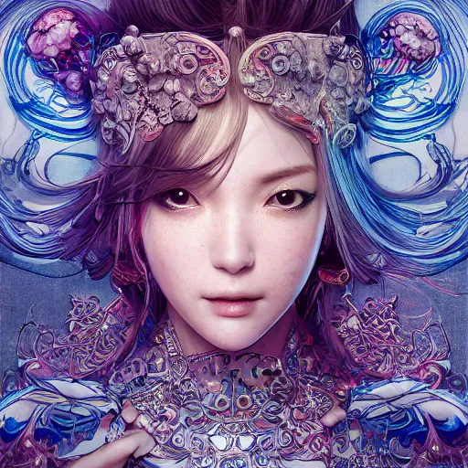 Image similar to the portrait of a blueberry that resembles an absurdly beautiful, graceful, elegant, sophisticated gravure idol, an ultrafine hyperdetailed illustration by kim jung gi, irakli nadar, intricate linework, bright colors, octopath traveler, final fantasy, unreal engine 5 highly rendered, global illumination, radiant light, detailed and intricate environment