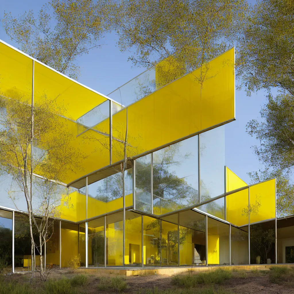 Prompt: interior photograph of a crystalline glass house with thin wood structure. Translucent yellow mesh curtains hang from the glass walls. The yellow curtains hang from metal scaffolding on the house exterior. The house glows with daylight, volumetric lighting. Grasses and bushes, sweet acacia trees, mesquite trees in background. Contemporary concrete kitchen counters and plywood shelves. ultra wide shot, coronarender, 8k, photorealistic