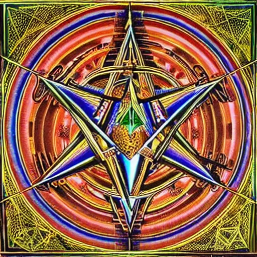 Prompt: sacred geometry, alchemy, freemasonry, martinism, rosicrucianism, secrets of the merkabah in the style of alex grey
