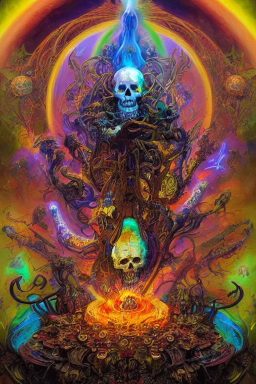 Image similar to gigantic psychedelic demonic cosmic skull of death and fire of outer space, fantasy painting, ultra realistic, dmt, wide angle, art nouveau, intricate details, digital painting, rainbowshift, vivid colors, highly detailed by peter mohrbacher, h. r. giger, maxfield parrish, craig mullins, octane render, cgi