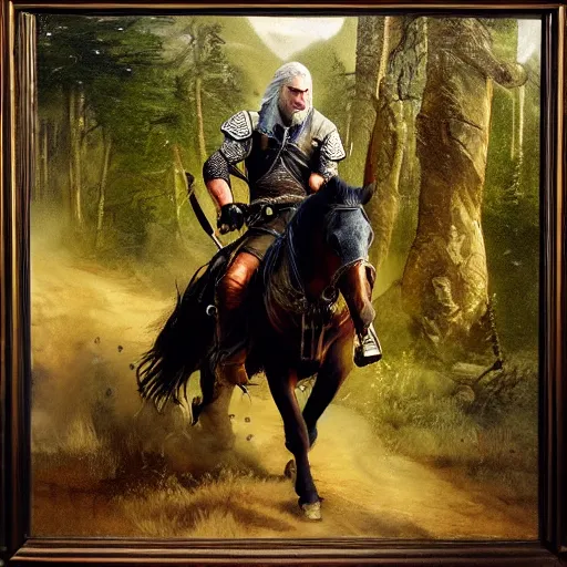 Image similar to geralt of rivia wearing riding a horse through a dark forest, highly detailed, oil painting