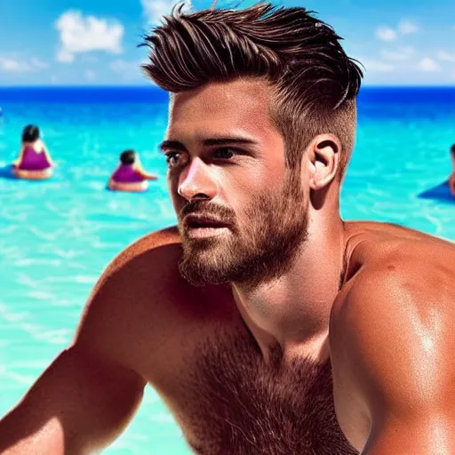 Image similar to a realistic detailed photo of a guy who is handsome soccer player who is taking part in love island