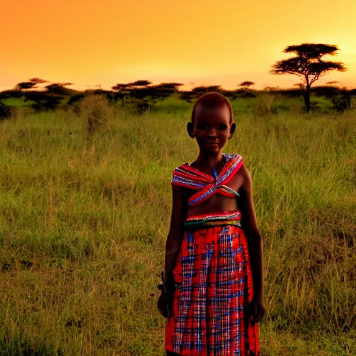 Prompt: a maasai girl standing in the savanna during a sunset