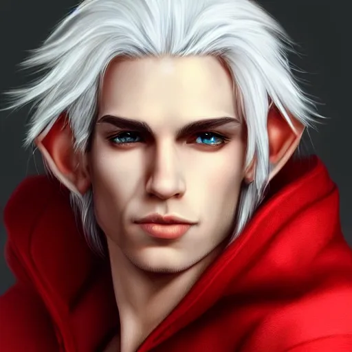 Image similar to a highly detailed portrait of a male elf with white hair, in red clothes, artstation, deviantart, professional, photorealistic