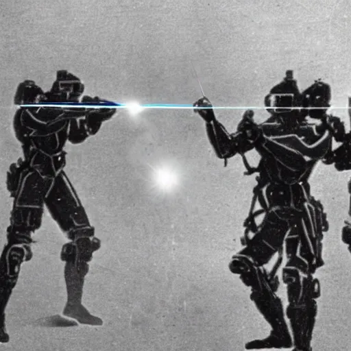 Image similar to grainy 1800s photo of a cybernetic warriors shooting civilians with laser weapons in a smoky city