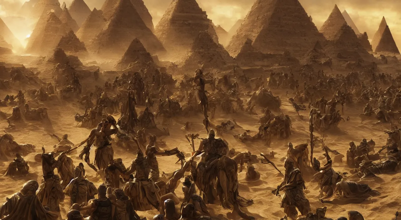 Image similar to the emperor of egypt commanding his sand soldiers to fight for him, large scale, breathtaking, mixed media, digital art, trending on artstation, 8k, epic composition, highly detailed, AAA graphics