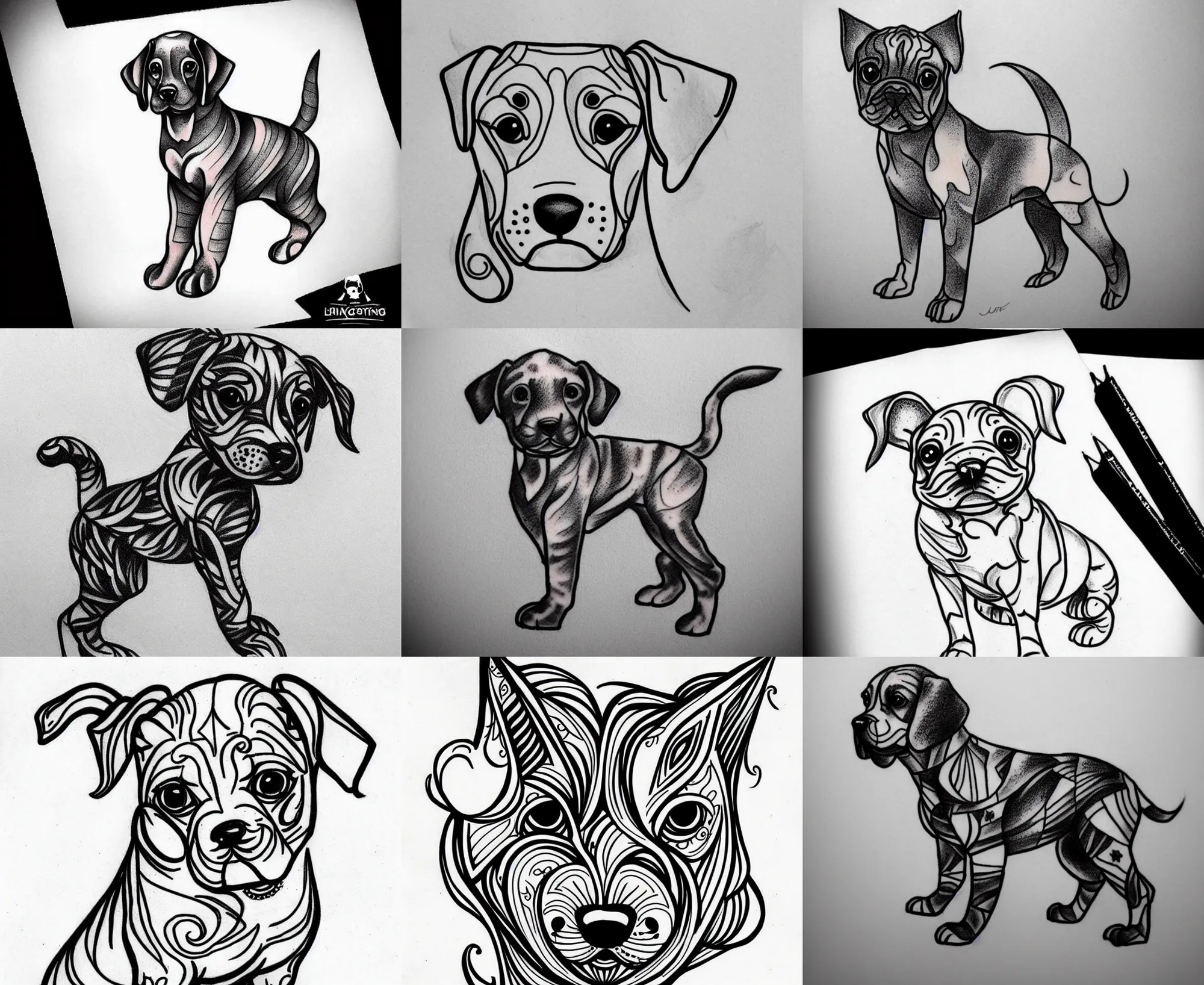 Image similar to Tattoo Design line sketch adorable full body Puppy, bold strong lines very highly aesthetic