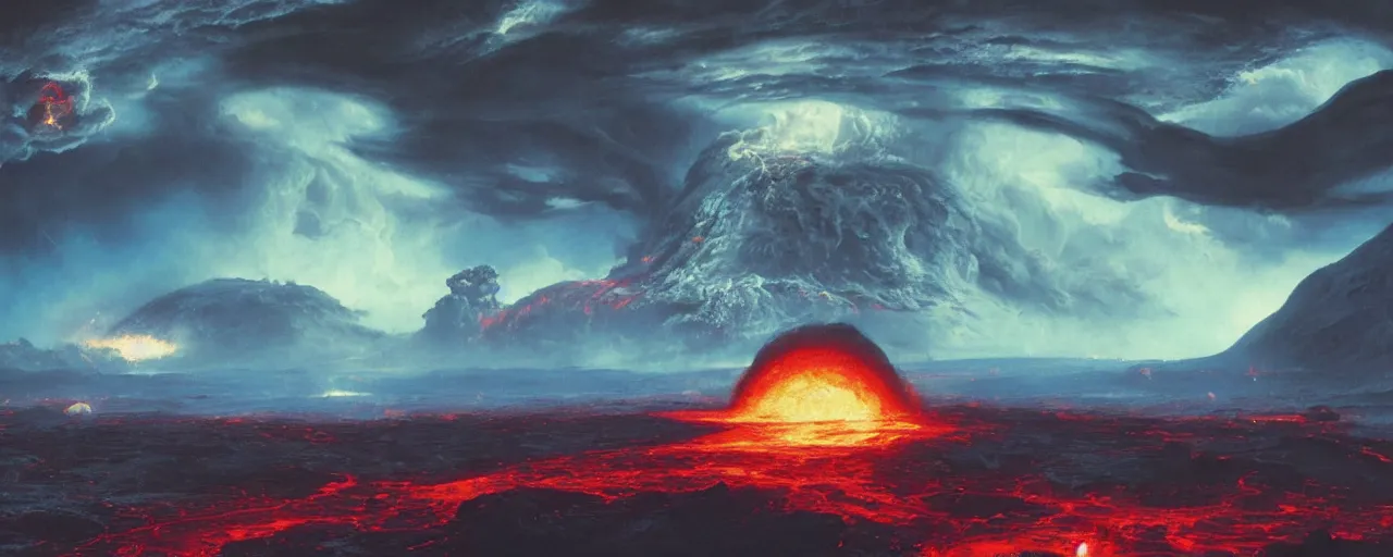 Image similar to ” outer planet with flowing rivers of magma, storm clouds and erupting volcanoes, [ art by paul lehr, cinematic, detailed, epic, widescreen, opening, establishing, mattepainting, photorealistic, realistic textures, octane render ] ”