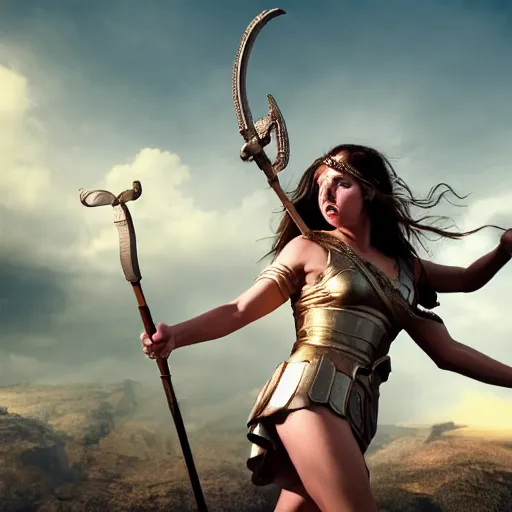 Image similar to Greek goddess Athena fighting with stupidity, stupidity is represented by internet influencers, realistic person, spear in the right hand, long hair, natural look, realistic photography, hyper realistic, highly detailed, 4k, battle landscape, high quality image, couraging and atmospheric composition