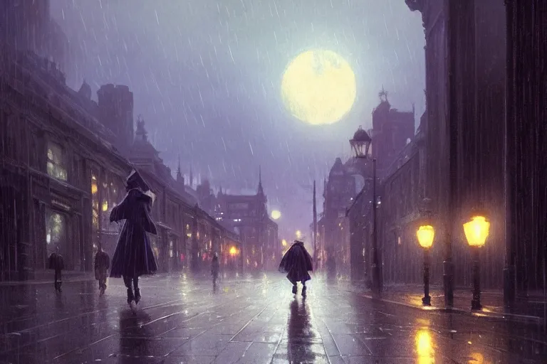 Image similar to a shadow in the sky above a victorian city, scene in a rainy night. full moon, 1 8 9 0, key visual, conceptart, ambient lighting, highly detailed, digital painting, artstation, concept art, sharp focus, by makoto shinkai and akihiko yoshida and greg manchess